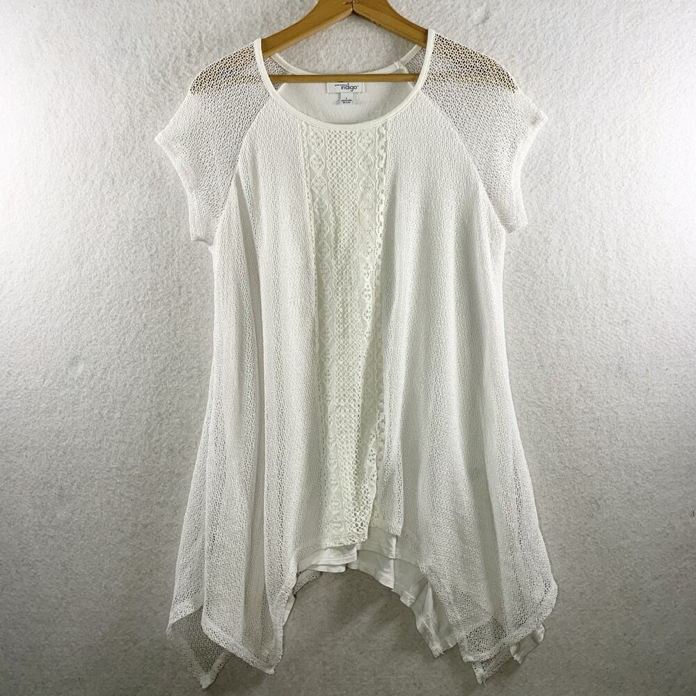 Womens Boho Tunic Top Sz L White Sheer Crochet Handkerchief Romantic Angel Flowy